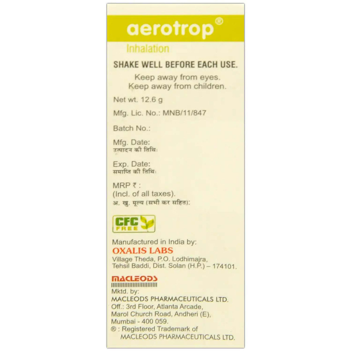 Aerotrop Inhaler 180 mdi, Pack of 1 INHALER Aerotrop Inhaler 180 mdi, Pack of 1 INHALER
