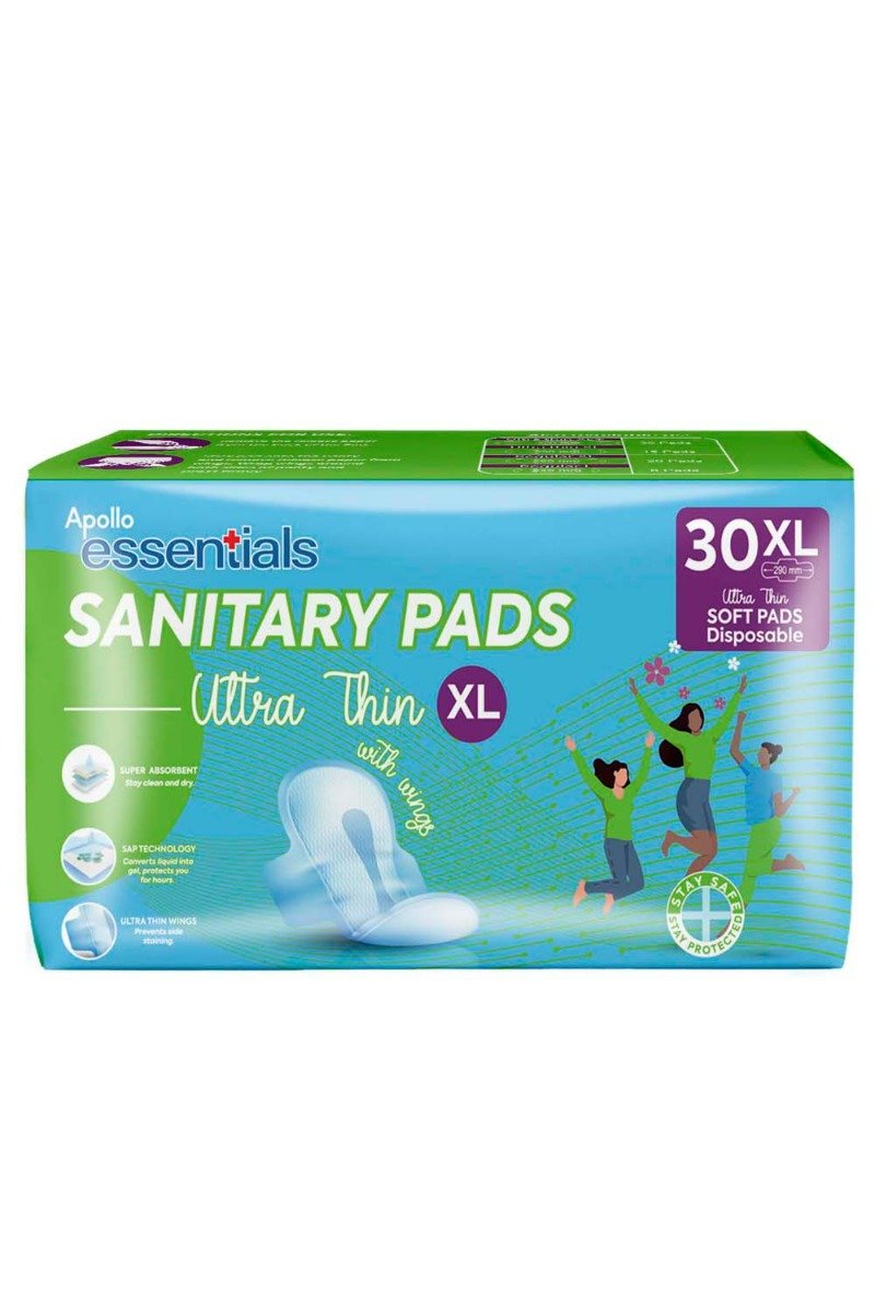 Apollo Essentials Sanitary Pads Ultrathin With Wings XL 290 mm, 30 count, Pack of 1 Apollo Essentials Sanitary Pads Ultrathin With Wings XL 290 mm, 30 count, Pack of 1