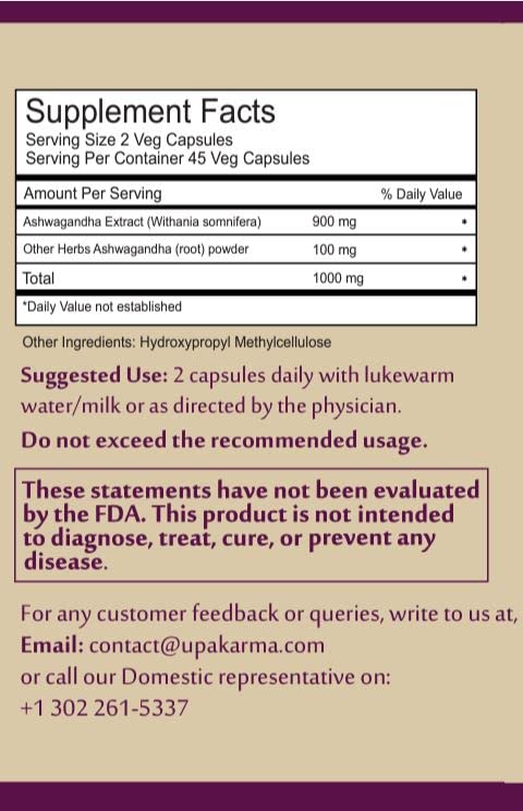 Upakarma Ayurveda Ashwagandha 500 mg, 90 Capsules, Pack of 1 Upakarma Ayurveda Ashwagandha 500 mg, 90 Capsules, Pack of 1