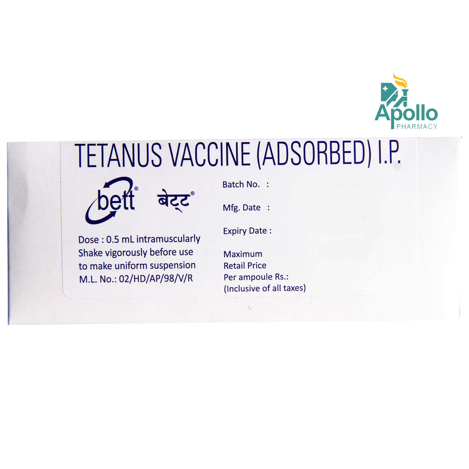 Bett Tetanus Vaccine 10x0.5 ml, Pack of 10 INJECTIONS Bett Tetanus Vaccine 10x0.5 ml, Pack of 10 INJECTIONS