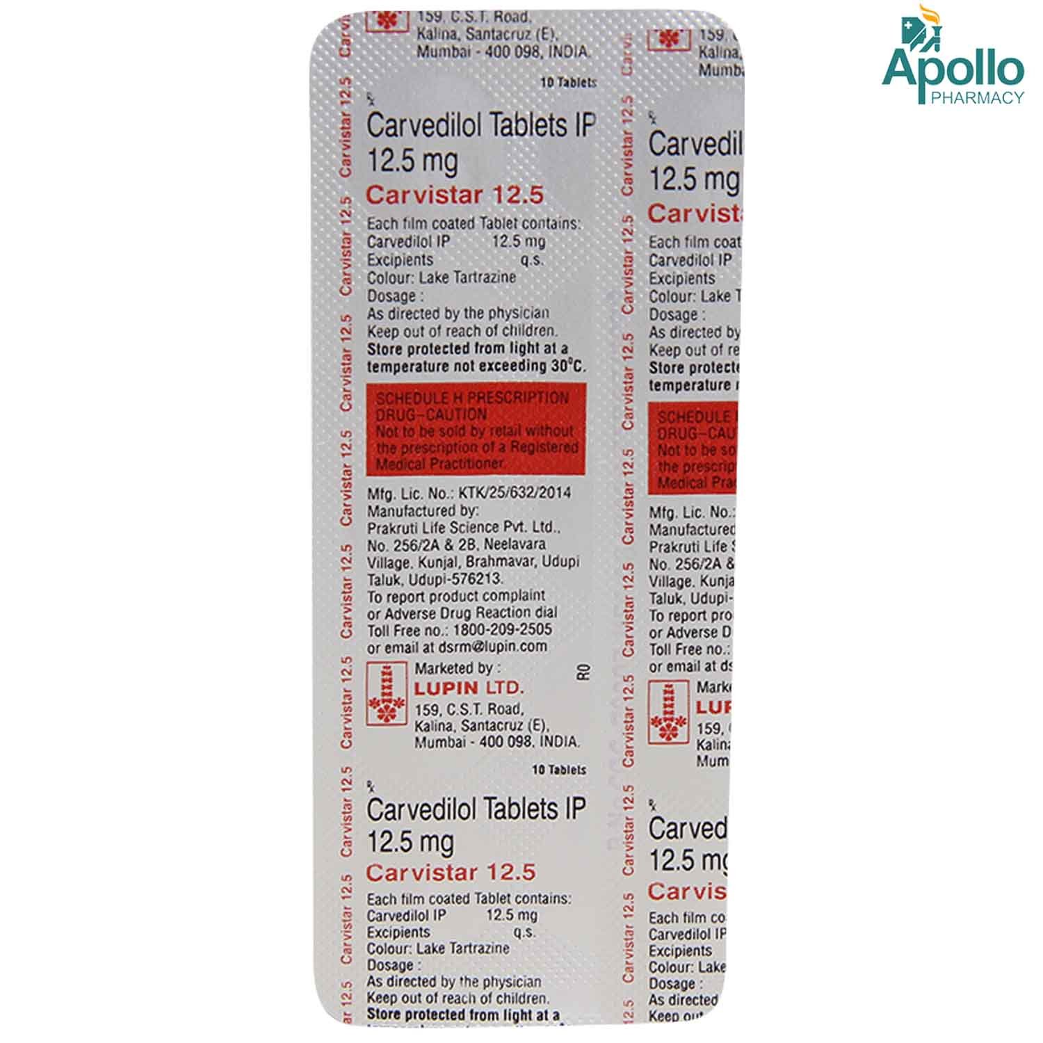 Carvistar 12.5 Tablet 10's, Pack of 10 TABLETS Carvistar 12.5 Tablet 10's, Pack of 10 TABLETS