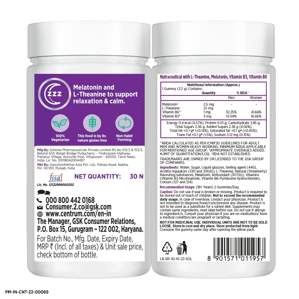 Centrum Sleep & Refresh Strawberry Flavour with L-Theanine & Melatonin, 30 Gummies, Pack of 1 Centrum Sleep & Refresh Strawberry Flavour with L-Theanine & Melatonin, 30 Gummies, Pack of 1