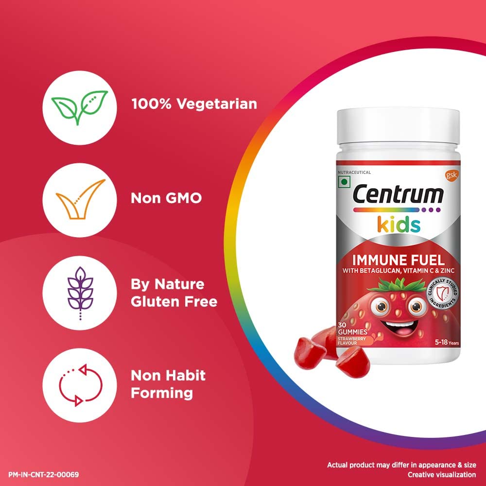 Centrum Kids Immune Fuel Strawberry Flavour with Betaglucan, Vitamin C & Zinc, 30 Gummies, Pack of 1 Centrum Kids Immune Fuel Strawberry Flavour with Betaglucan, Vitamin C & Zinc, 30 Gummies, Pack of 1