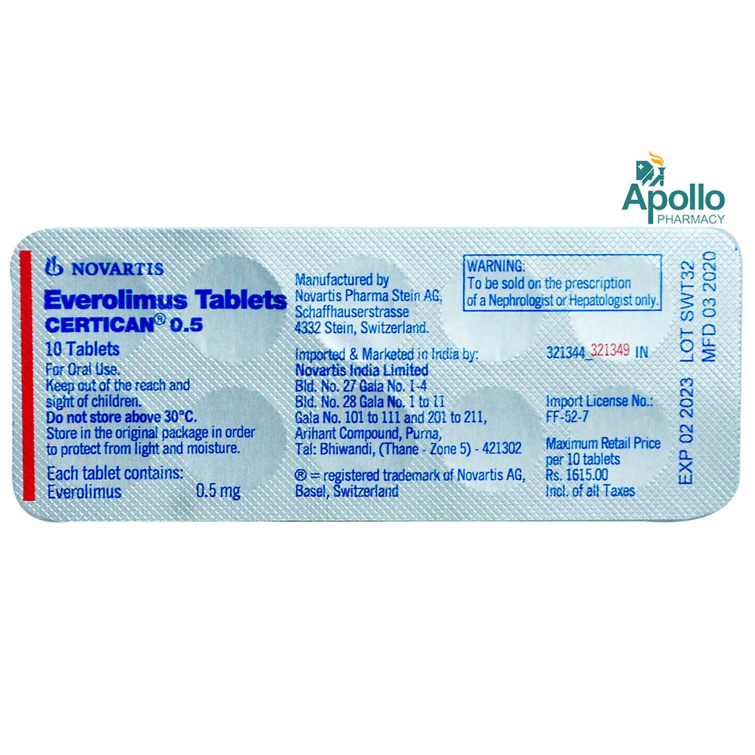 Certican 0.5 Tablet 10's, Pack of 10 TABLETS Certican 0.5 Tablet 10's, Pack of 10 TABLETS