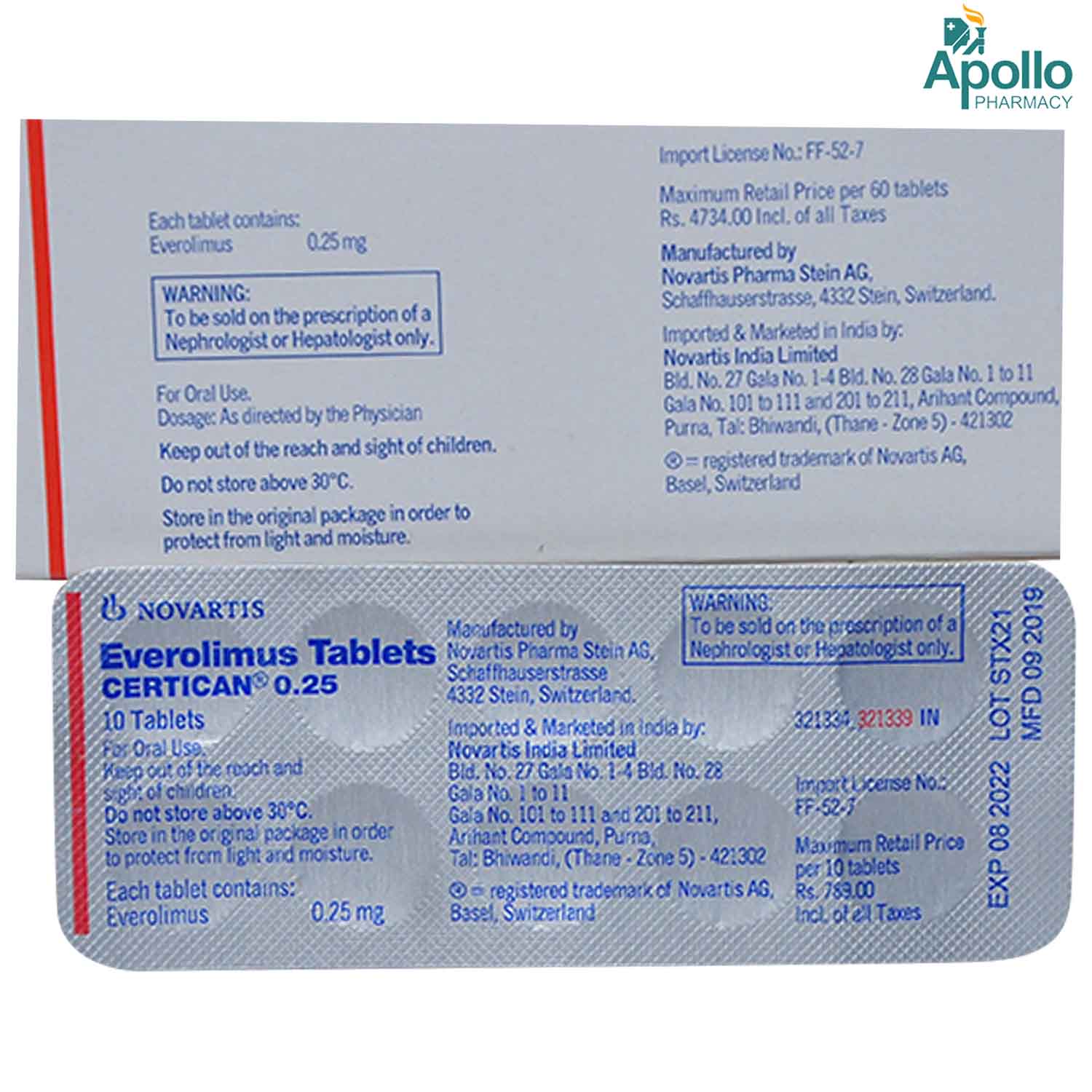 Certican 0.25 Tablet 10's, Pack of 10 TABLETS Certican 0.25 Tablet 10's, Pack of 10 TABLETS