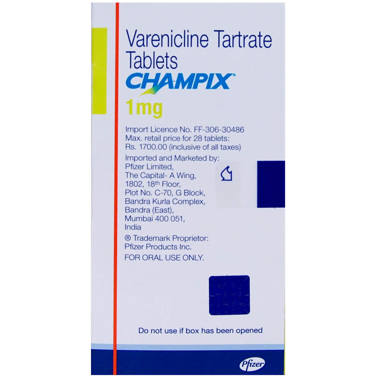 Champix 1 Tablet 28's, Pack of 1 TABLET Champix 1 Tablet 28's, Pack of 1 TABLET