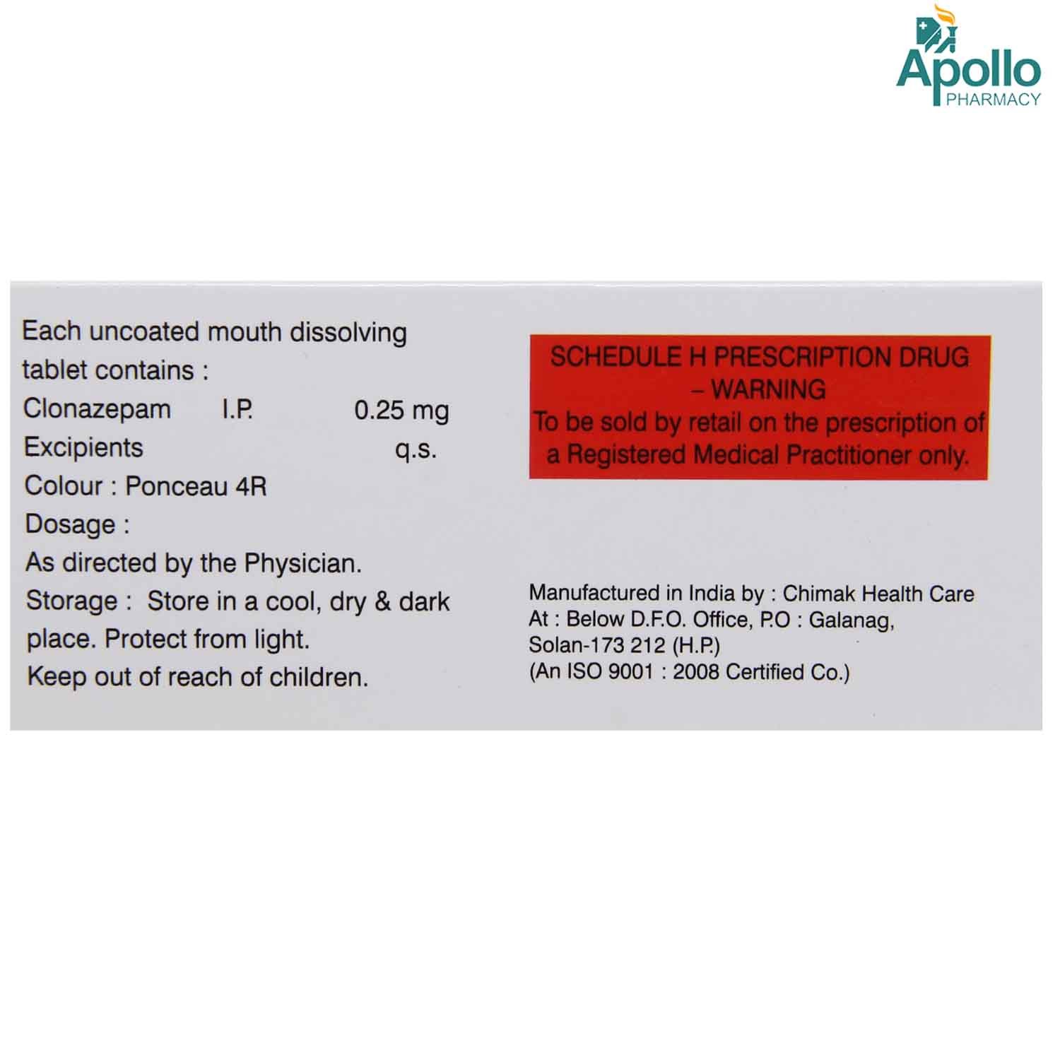 Clozepam MD 0.25 mg Tablet 10's, Pack of 10 TabletS Clozepam MD 0.25 mg Tablet 10's, Pack of 10 TabletS