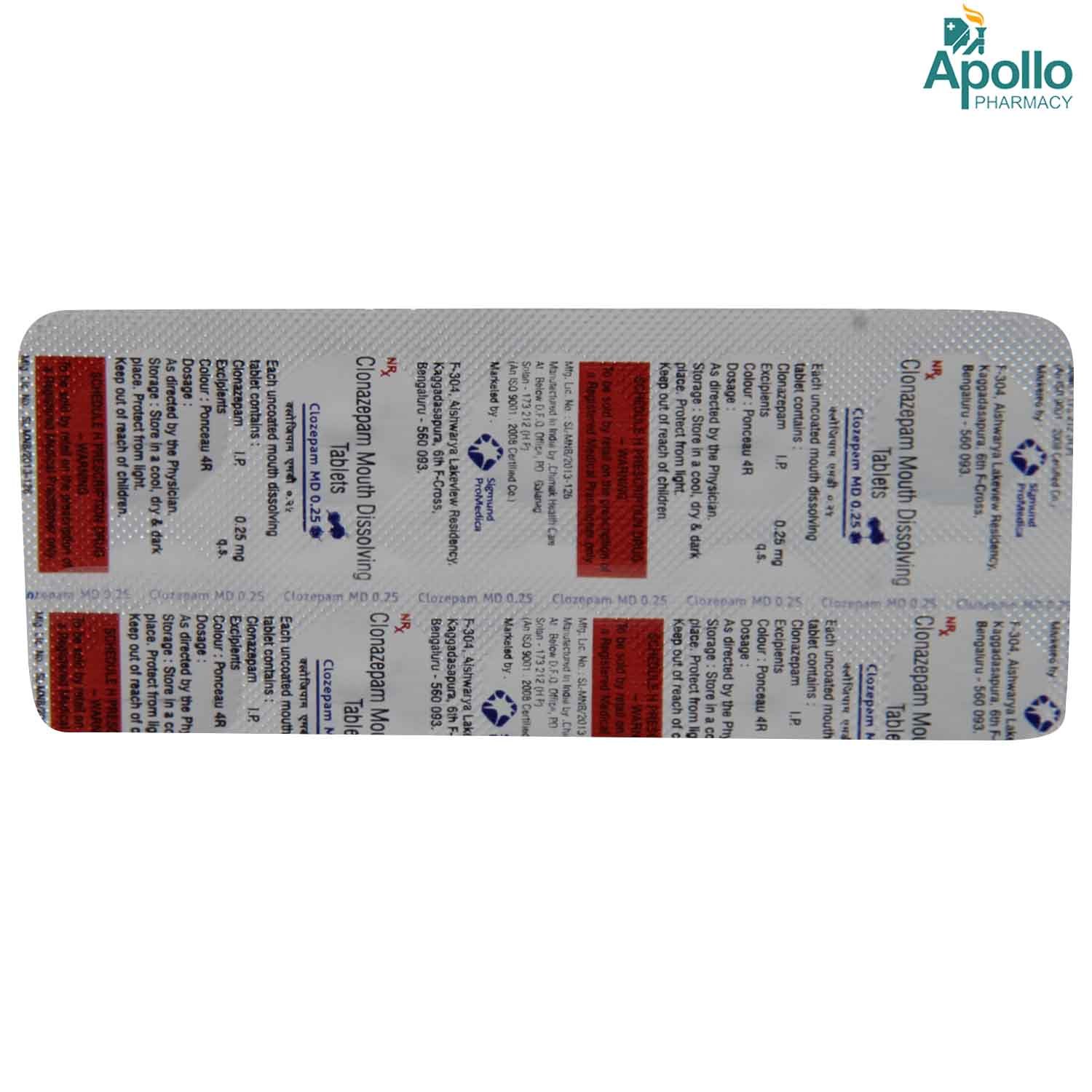 Clozepam MD 0.25 mg Tablet 10's, Pack of 10 TabletS Clozepam MD 0.25 mg Tablet 10's, Pack of 10 TabletS