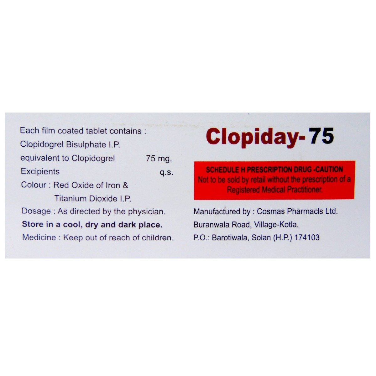 Clopiday 75 mg Tablet 10's, Pack of 10 TABLETS Clopiday 75 mg Tablet 10's, Pack of 10 TABLETS