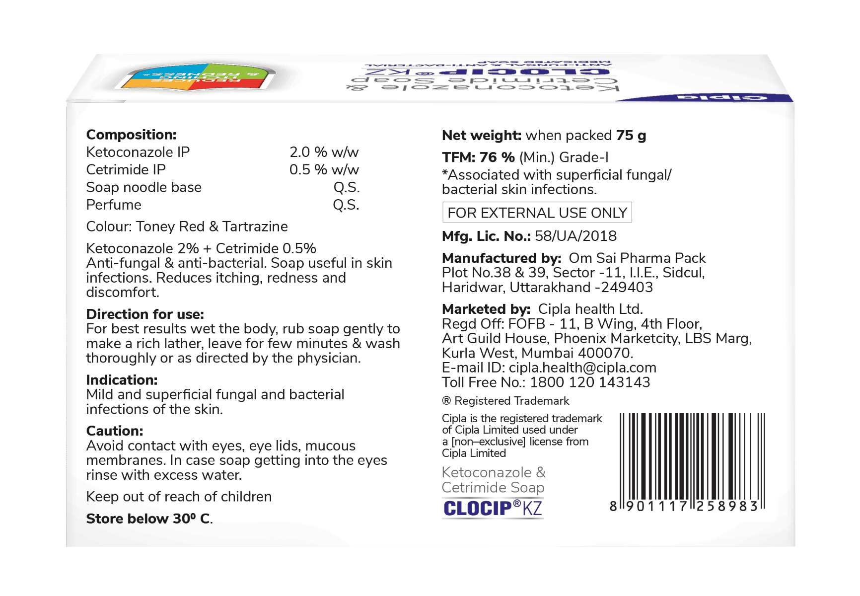Clocip KZ Soap 75 gm | Ketoconazole & Cetrimide | Antifungal & Anti Bacterial Medicated Soap | Treats Skin Infection | Reduces Itching & Redness, Pack of 1 SOAP Clocip KZ Soap 75 gm | Ketoconazole & Cetrimide | Antifungal & Anti Bacterial Medicated Soap | Treats Skin Infection | Reduces Itching & Redness, Pack of 1 SOAP