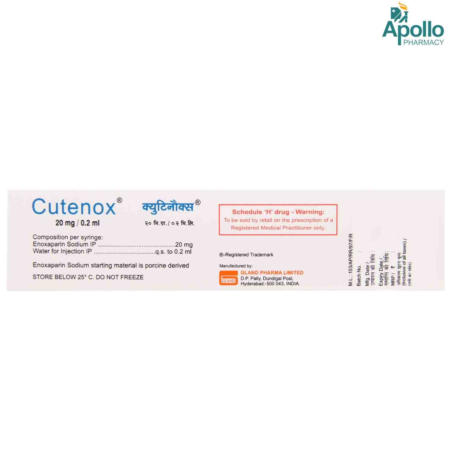 Cutenox 20 Injection 0.2 ml, Pack of 1 INJECTION Cutenox 20 Injection 0.2 ml, Pack of 1 INJECTION