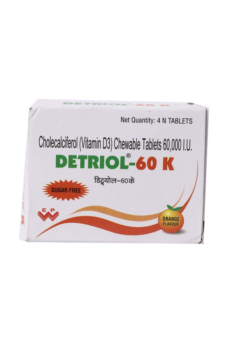 Detriol-60K Orange Flavour Sugar Free Chewable Tablet 4's, Pack of 4 Detriol-60K Orange Flavour Sugar Free Chewable Tablet 4's, Pack of 4