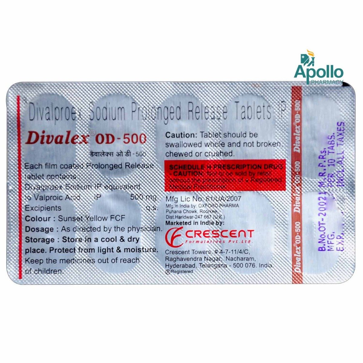 Divalex OD-500 Tablet 10's, Pack of 10 TABLETS Divalex OD-500 Tablet 10's, Pack of 10 TABLETS