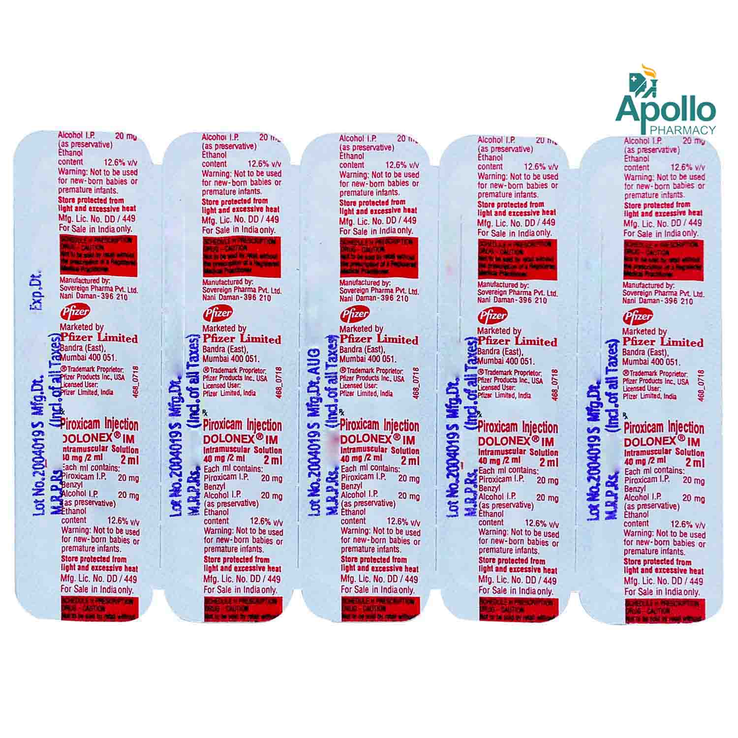 Dolonex 40 mg IM Injection 5 x 2 ml, Pack of 5 InjectionS Dolonex 40 mg IM Injection 5 x 2 ml, Pack of 5 InjectionS