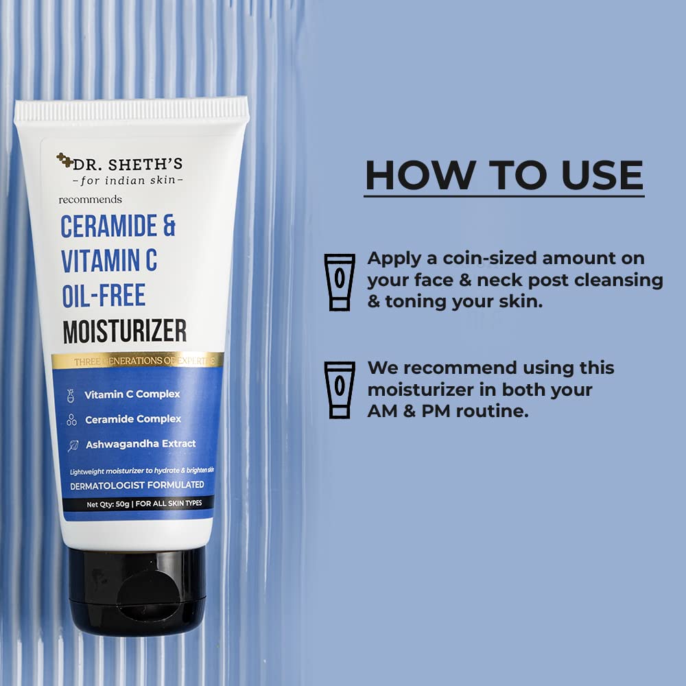 Dr. Sheth's Ceramide & Vitamin C Oil Free Moisturizer 50 gm | Vitamin C, Ceramides Complex & Ashwagandha | Deeply Hydrates | Strengthens Skin Barrier | pH Balanced | Lightweight Formula | For All Skin Type, Pack of 1 Dr. Sheth's Ceramide & Vitamin C Oil Free Moisturizer 50 gm | Vitamin C, Ceramides Complex & Ashwagandha | Deeply Hydrates | Strengthens Skin Barrier | pH Balanced | Lightweight Formula | For All Skin Type, Pack of 1