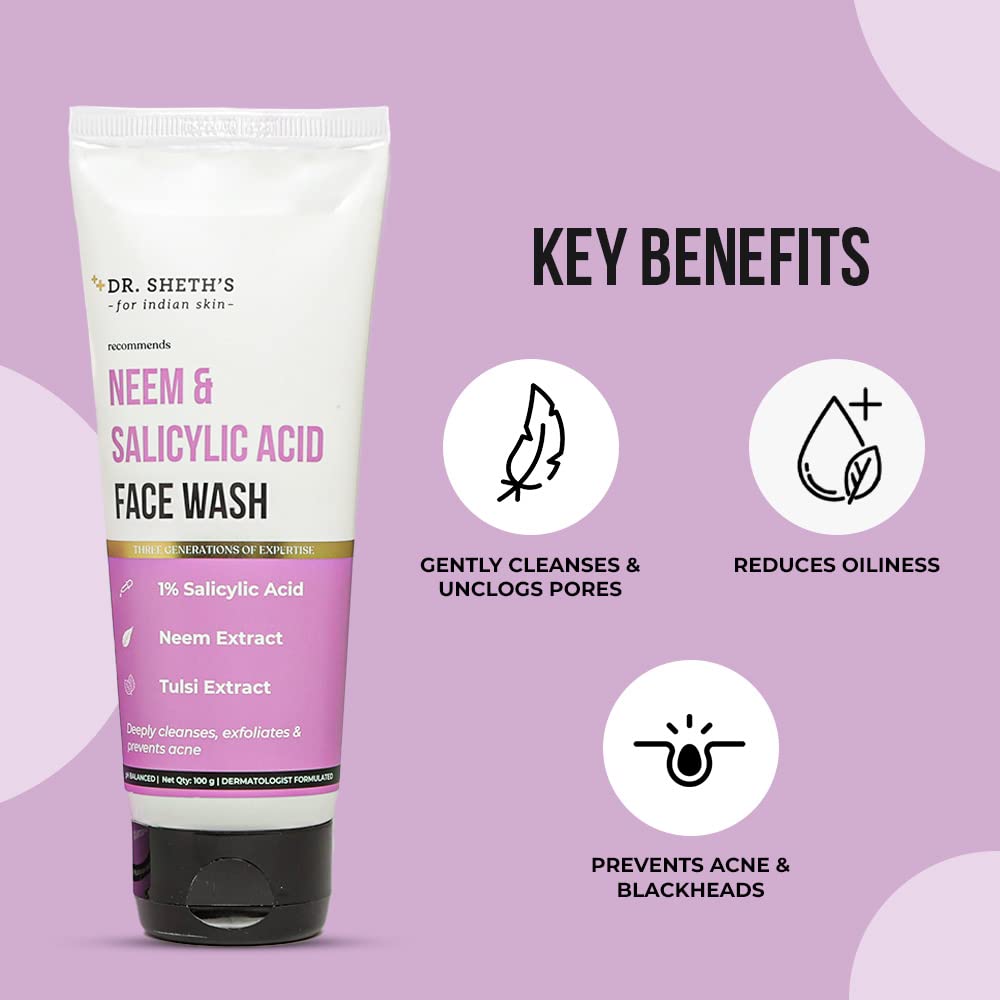Dr. Sheth's Neem & Salicylic Acid Face Wash 100 gm | Salicylic Acid,Neem & Tulsi Extract | Deep Cleanses & Exfoliates | Prevents Acne & Blackheads | pH Balanced | For All Skin Type, Pack of 1 Dr. Sheth's Neem & Salicylic Acid Face Wash 100 gm | Salicylic Acid,Neem & Tulsi Extract | Deep Cleanses & Exfoliates | Prevents Acne & Blackheads | pH Balanced | For All Skin Type, Pack of 1