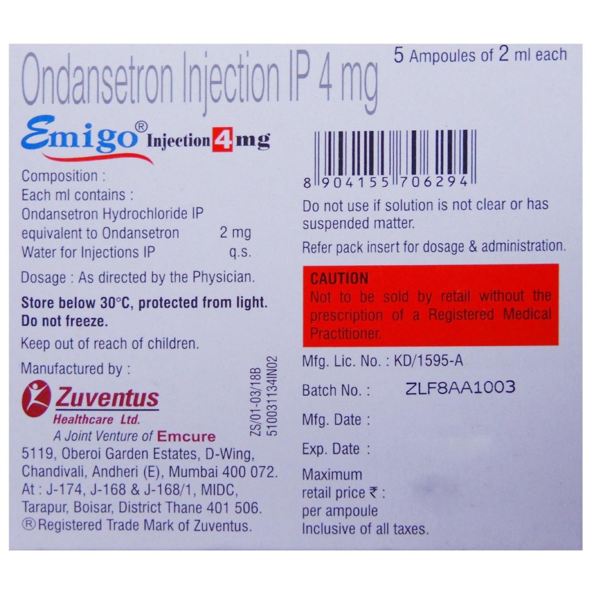 Emigo 4 mg Injection 2 ml, Pack of 1 Injection Emigo 4 mg Injection 2 ml, Pack of 1 Injection