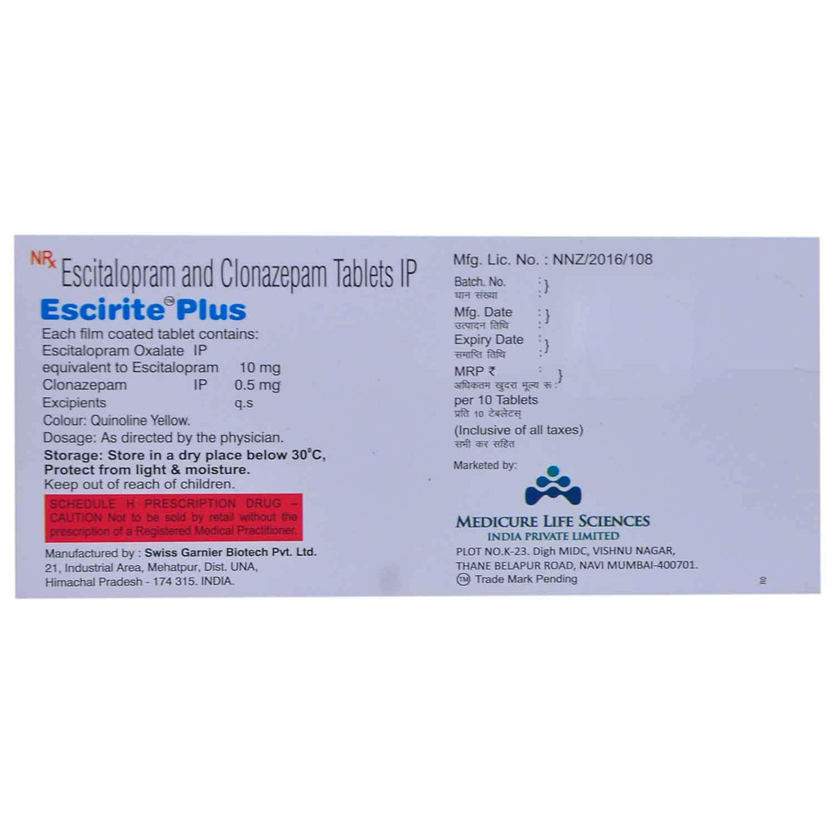 ESCIRITE PLUS TABLET 10'S, Pack of 10 TabletS ESCIRITE PLUS TABLET 10'S, Pack of 10 TabletS