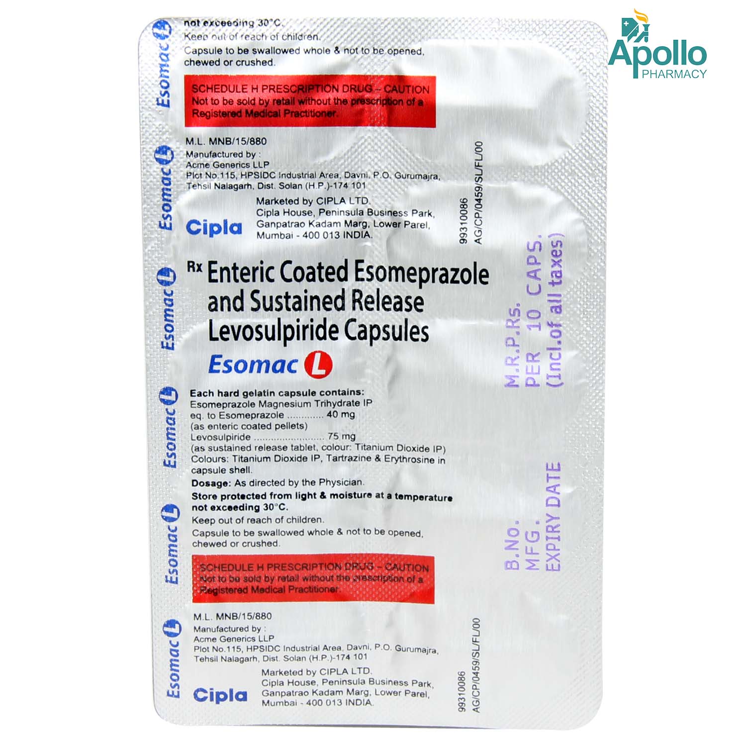 Esomac L Capsule 10's, Pack of 10 CAPSULES Esomac L Capsule 10's, Pack of 10 CAPSULES