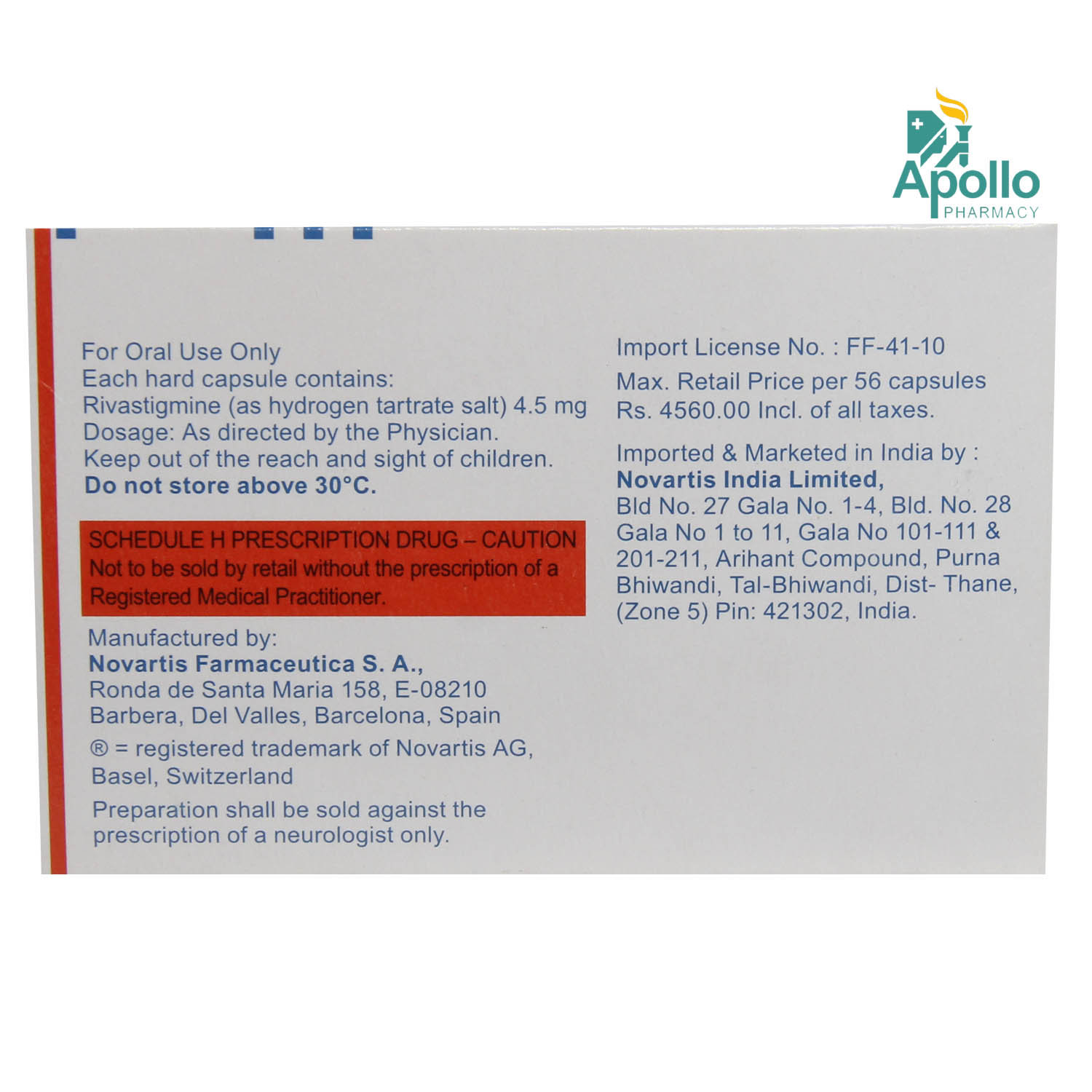 Exelon 4.5mg Capsule 14's, Pack of 14 CapsuleS Exelon 4.5mg Capsule 14's, Pack of 14 CapsuleS