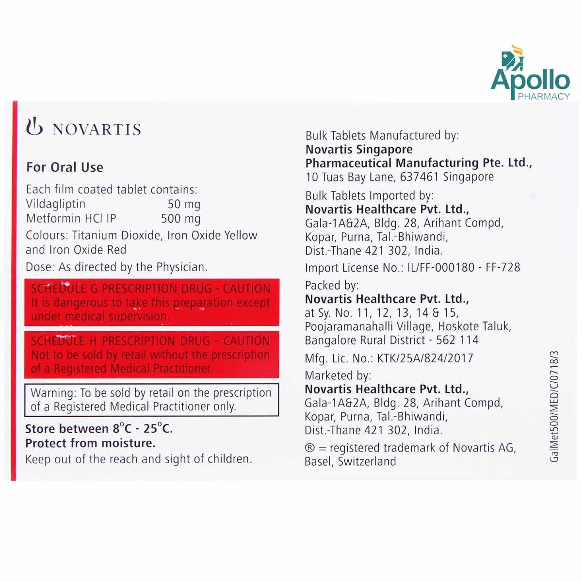 Galvus Met 50 mg/500 mg Tablet 15's, Pack of 15 TABLETS Galvus Met 50 mg/500 mg Tablet 15's, Pack of 15 TABLETS