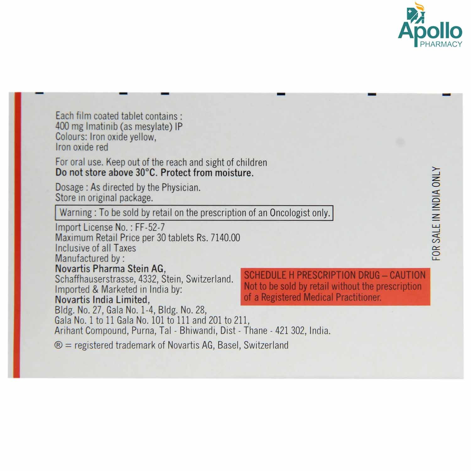 Glivec 400 mg Tablet 10's, Pack of 10 TABLETS Glivec 400 mg Tablet 10's, Pack of 10 TABLETS