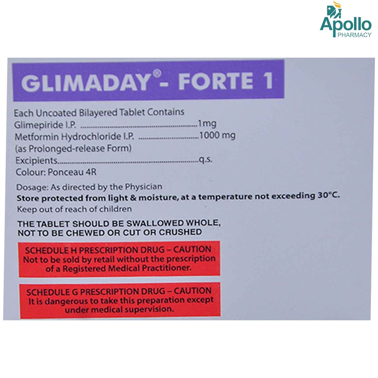 Glimaday Forte 1 mg Tablet 10's, Pack of 10 TabletS Glimaday Forte 1 mg Tablet 10's, Pack of 10 TabletS