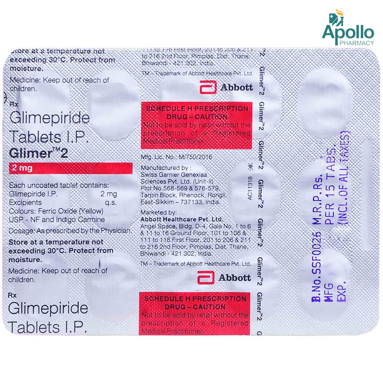Glimer 2 Tablet 15's, Pack of 15 TabletS Glimer 2 Tablet 15's, Pack of 15 TabletS