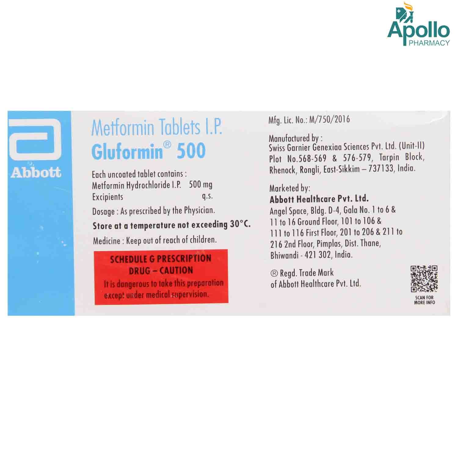 Gluformin 500 Tablet 10's, Pack of 10 TABLETS Gluformin 500 Tablet 10's, Pack of 10 TABLETS