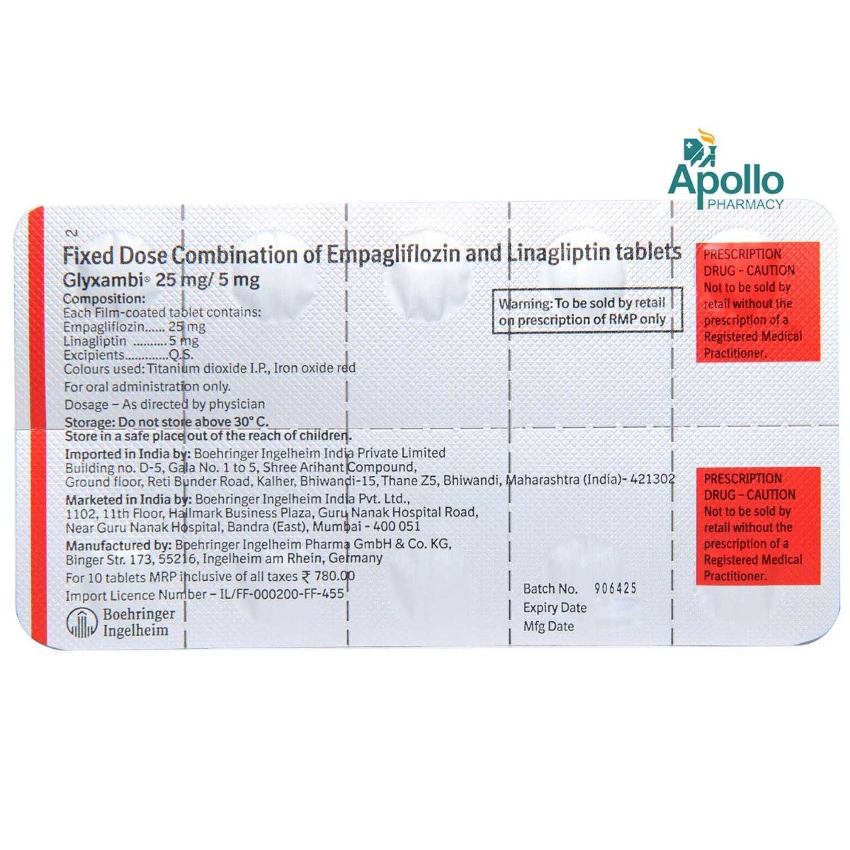 Glyxambi 25 mg/5 mg Tablet 10's, Pack of 10 TABLETS Glyxambi 25 mg/5 mg Tablet 10's, Pack of 10 TABLETS