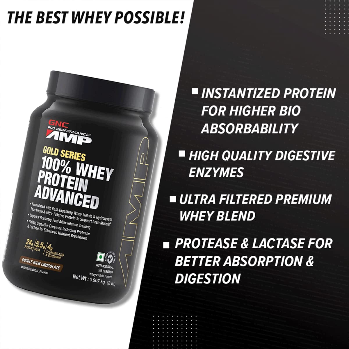 GNC AMP Gold 100% Whey Protein Advanced Double Rich Chocolate Flavour Powder, 0.907 kg, Pack of 1 GNC AMP Gold 100% Whey Protein Advanced Double Rich Chocolate Flavour Powder, 0.907 kg, Pack of 1