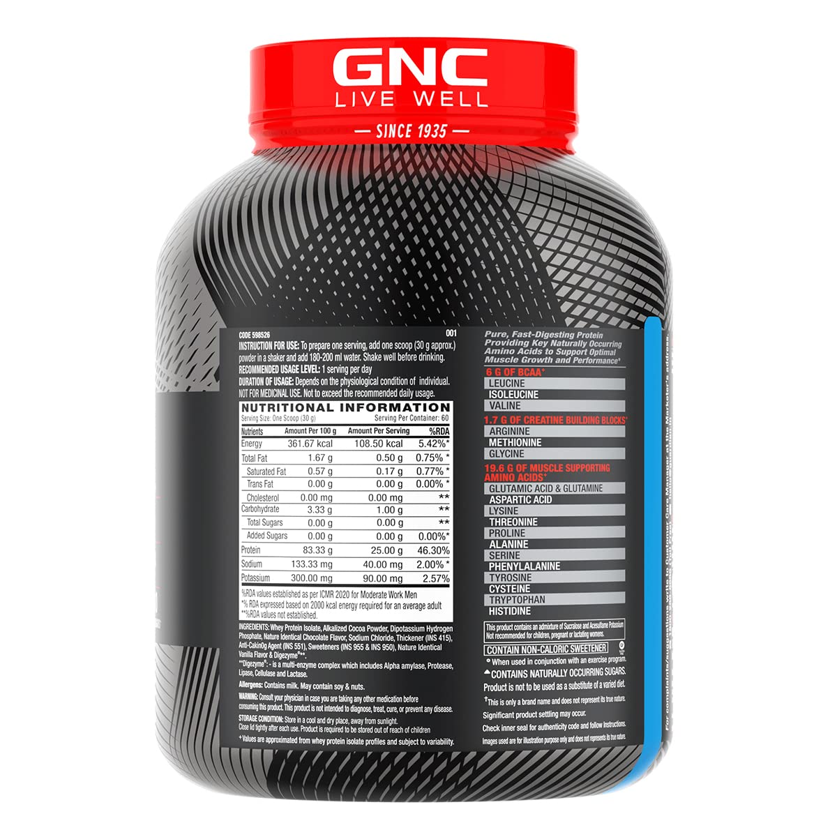 GNC AMP Pure Isolate Whey Protein Chocolate Frosting Flavour Powder, 1.81 kg, Pack of 1 GNC AMP Pure Isolate Whey Protein Chocolate Frosting Flavour Powder, 1.81 kg, Pack of 1