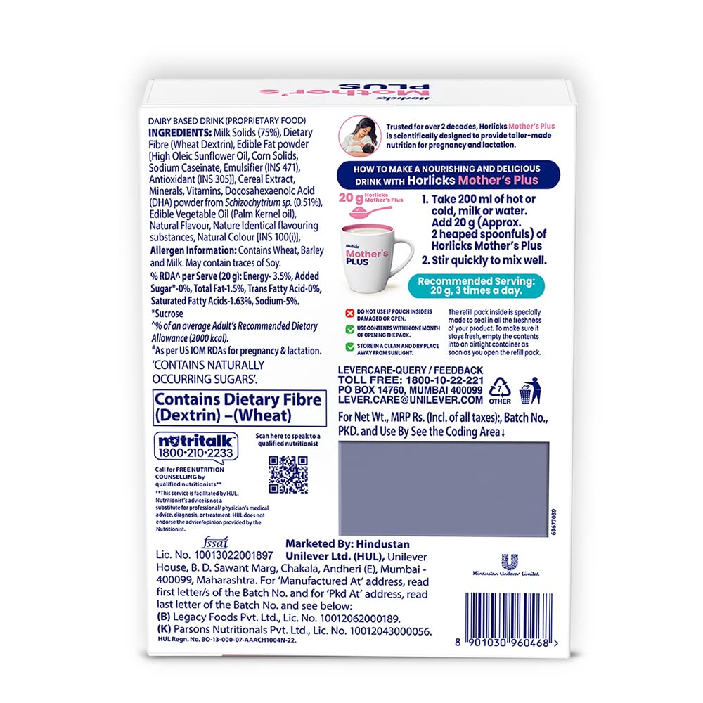 Horlicks Mother's Plus Vanilla Flavour Nutrition Powder, 400 gm Refill Pack | 25 Vital Nutrients | Support Healthy Birth Weight | Improves Lactation, Pack of 1 Horlicks Mother's Plus Vanilla Flavour Nutrition Powder, 400 gm Refill Pack | 25 Vital Nutrients | Support Healthy Birth Weight | Improves Lactation, Pack of 1