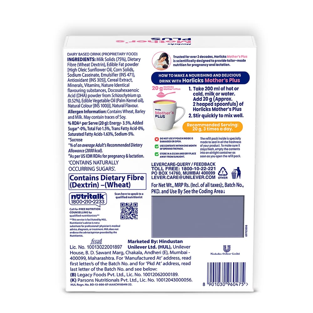 Horlicks Mother's Plus Kesar Flavour Nutrition Powder 400 gm Refill Pack | 25 Vital Nutrients | Support Healthy Birth Weight | Improves Lactation, Pack of 1 Horlicks Mother's Plus Kesar Flavour Nutrition Powder 400 gm Refill Pack | 25 Vital Nutrients | Support Healthy Birth Weight | Improves Lactation, Pack of 1