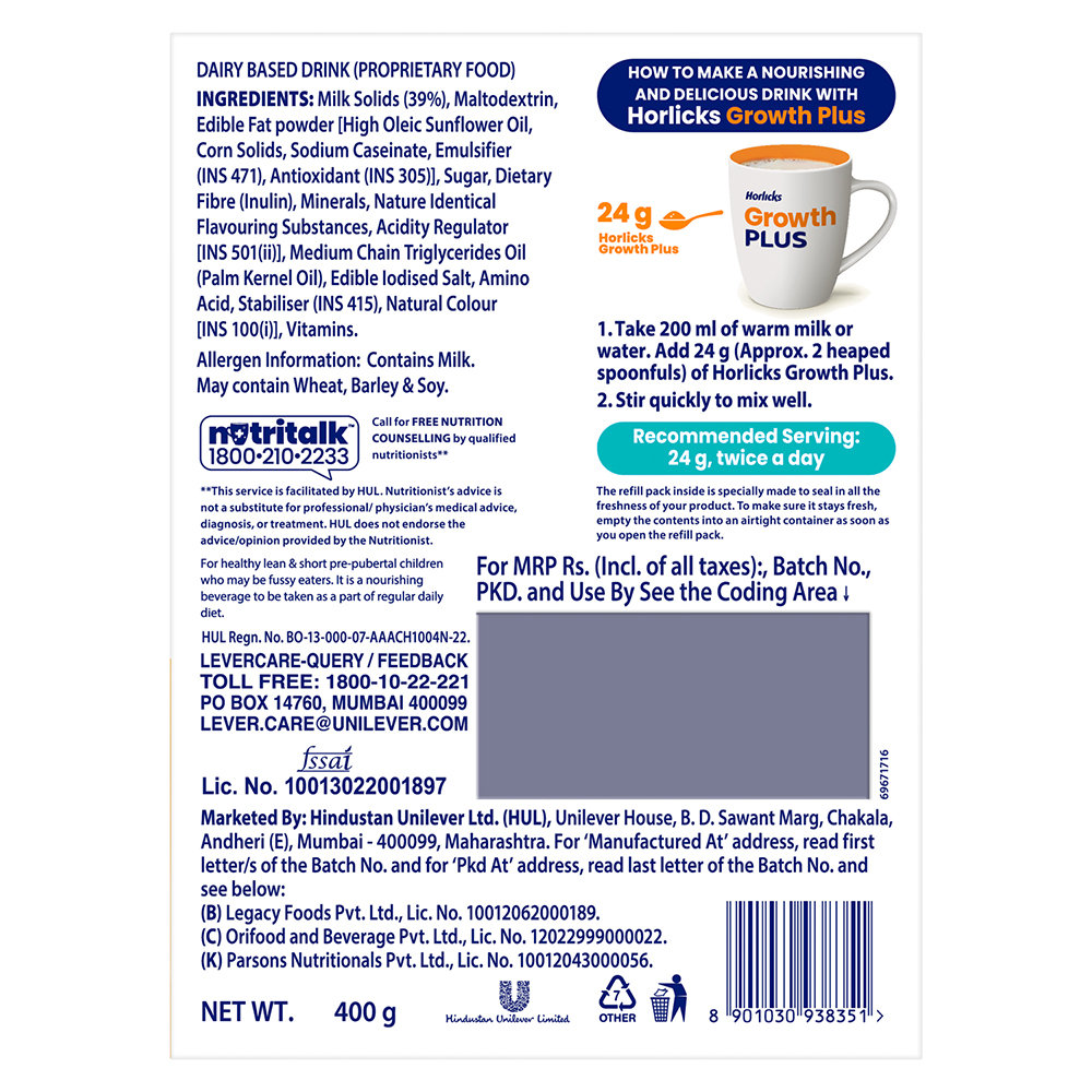 Horlicks Growth Plus Vanilla Flavour Nutrition Powder 400 gm Refill Pack | For Height Gain, Bone Growth, Healthy Weight Gain | Enhance Immune Function, Pack of 1 Horlicks Growth Plus Vanilla Flavour Nutrition Powder 400 gm Refill Pack | For Height Gain, Bone Growth, Healthy Weight Gain | Enhance Immune Function, Pack of 1