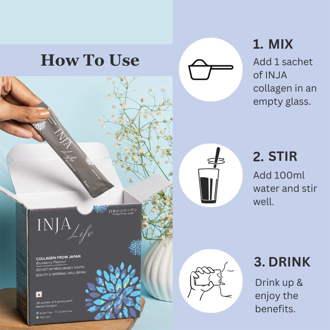 INJA Life Collagen Blueberry Flavour Powder, 150 gm (30 gm x 5 Sachets), Pack of 1 INJA Life Collagen Blueberry Flavour Powder, 150 gm (30 gm x 5 Sachets), Pack of 1