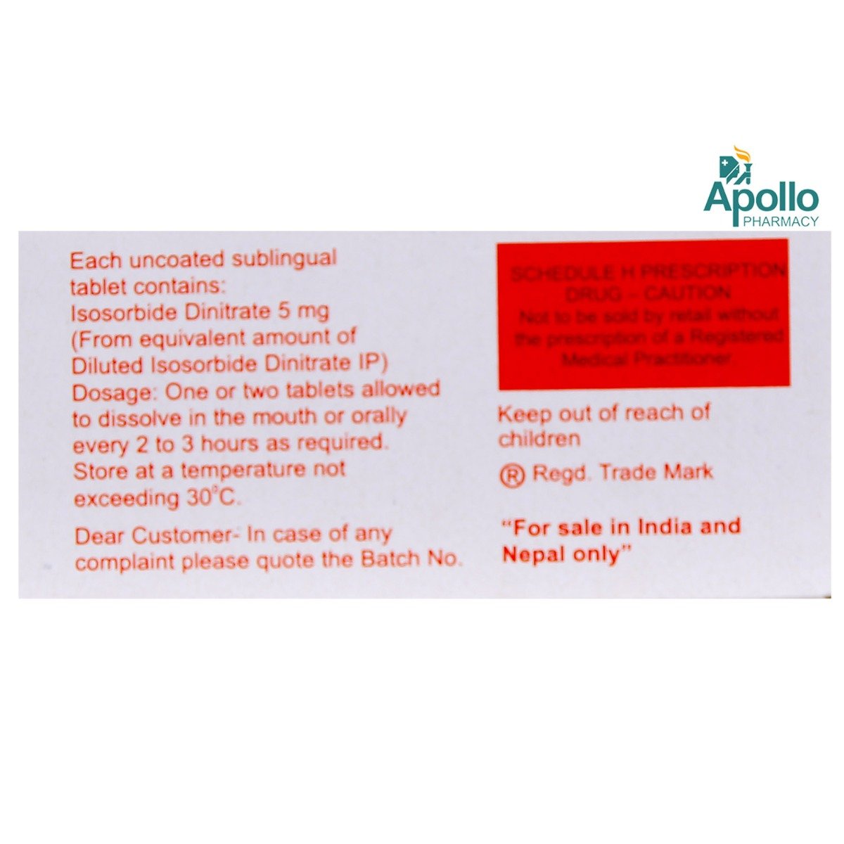 Isordil 5 Sublingual Tablet 10's, Pack of 10 TABLETS Isordil 5 Sublingual Tablet 10's, Pack of 10 TABLETS