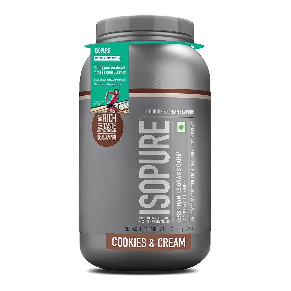 Isopure Less Than 1.5 gm Carbs 100% Whey Protein Isolate Cookies & Cream Flavour Powder, 4.40 lb, Pack of 1 Isopure Less Than 1.5 gm Carbs 100% Whey Protein Isolate Cookies & Cream Flavour Powder, 4.40 lb, Pack of 1