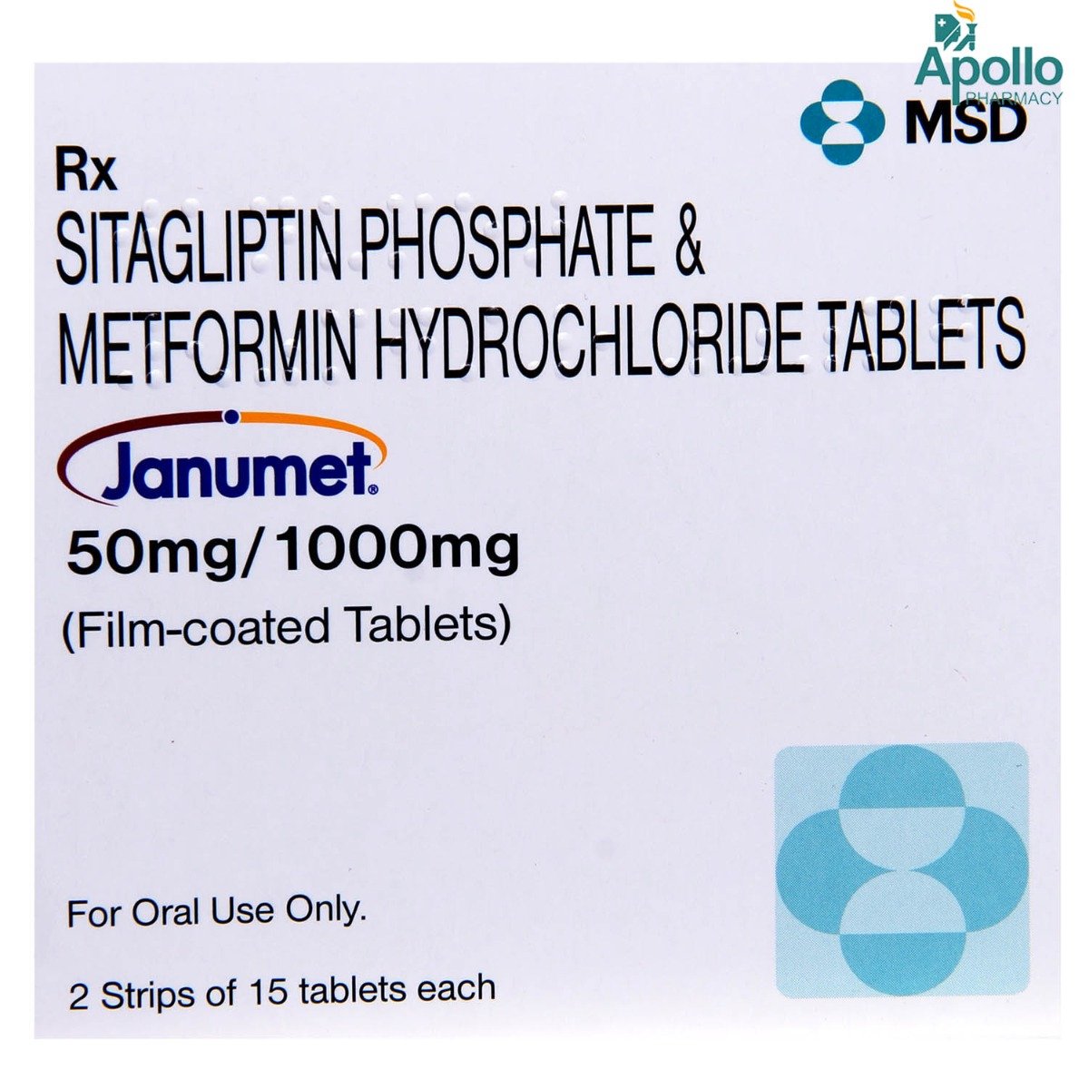 Janumet 50 mg/1000 mg Tablet 15's, Pack of 15 Janumet 50 mg/1000 mg Tablet 15's, Pack of 15