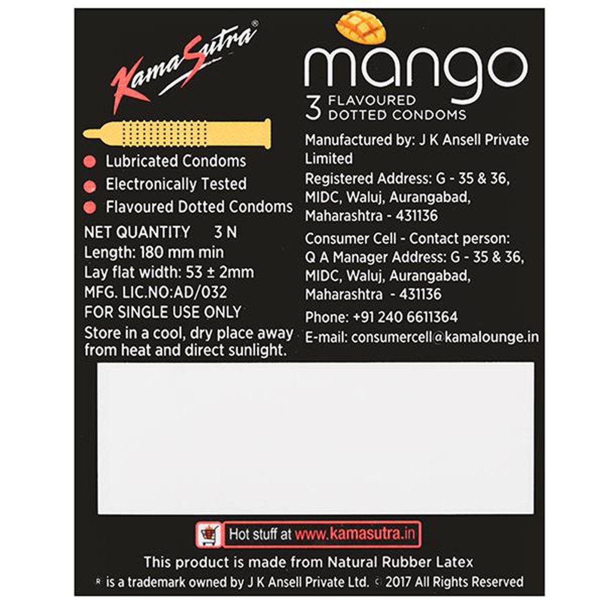 Kamasutra Mango Flavoured Condoms, 3 Count, Pack of 1 Kamasutra Mango Flavoured Condoms, 3 Count, Pack of 1