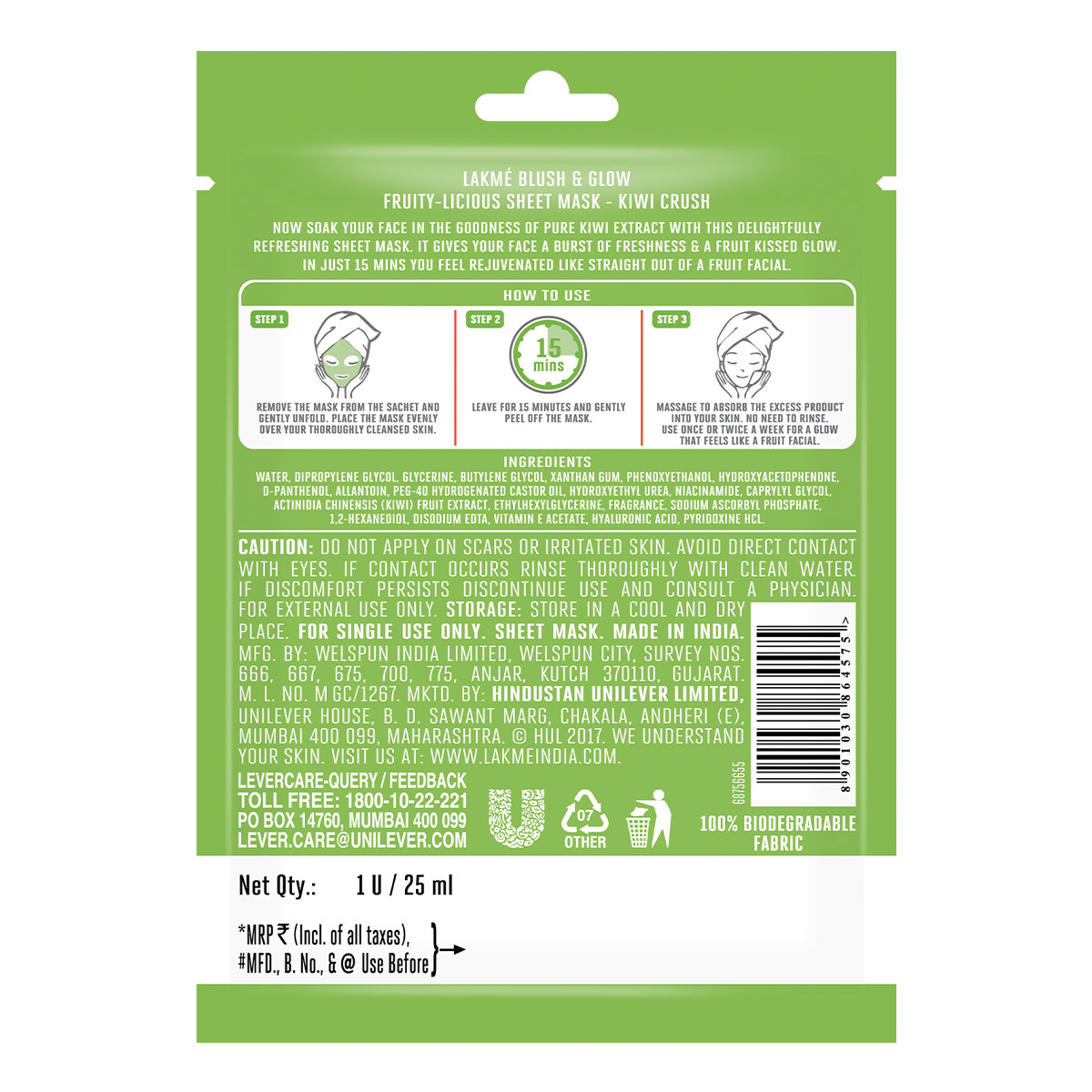 Lakme Blush & Glow Kiwi Crush Sheet Mask 25 ml | With Pure Kiwi Extract | Fruit Facial Like Glow In 15 Min | For Rejuvenated Feel, Pack of 1 Lakme Blush & Glow Kiwi Crush Sheet Mask 25 ml | With Pure Kiwi Extract | Fruit Facial Like Glow In 15 Min | For Rejuvenated Feel, Pack of 1