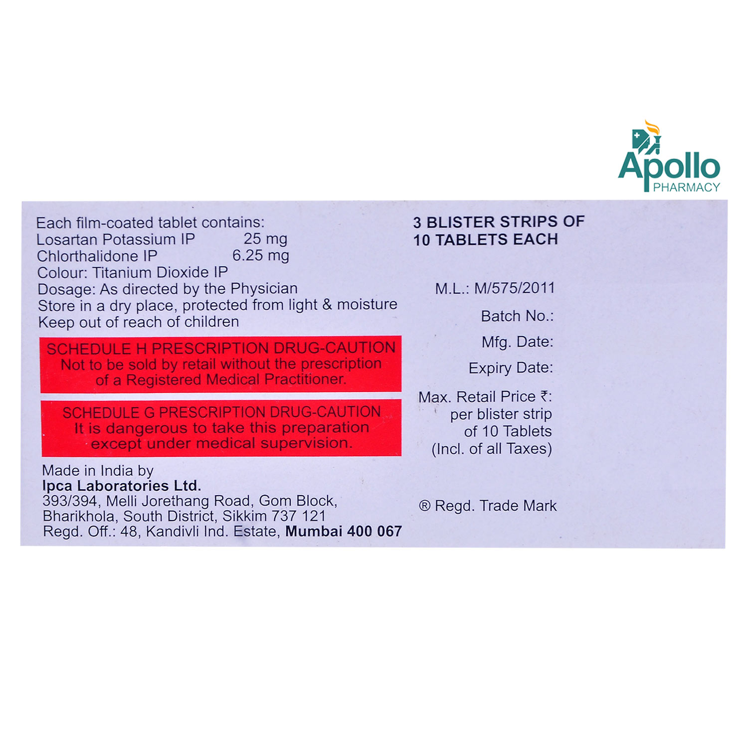 Losanorm-CH 25 mg/6.25 mg Tablet 10's, Pack of 10 TabletS Losanorm-CH 25 mg/6.25 mg Tablet 10's, Pack of 10 TabletS