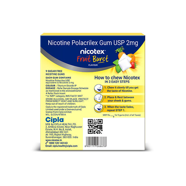 Nicotex 2 mg Sugar Free Fruit Burst Gums 9's, Pack of 1 Chewing Gum Nicotex 2 mg Sugar Free Fruit Burst Gums 9's, Pack of 1 Chewing Gum