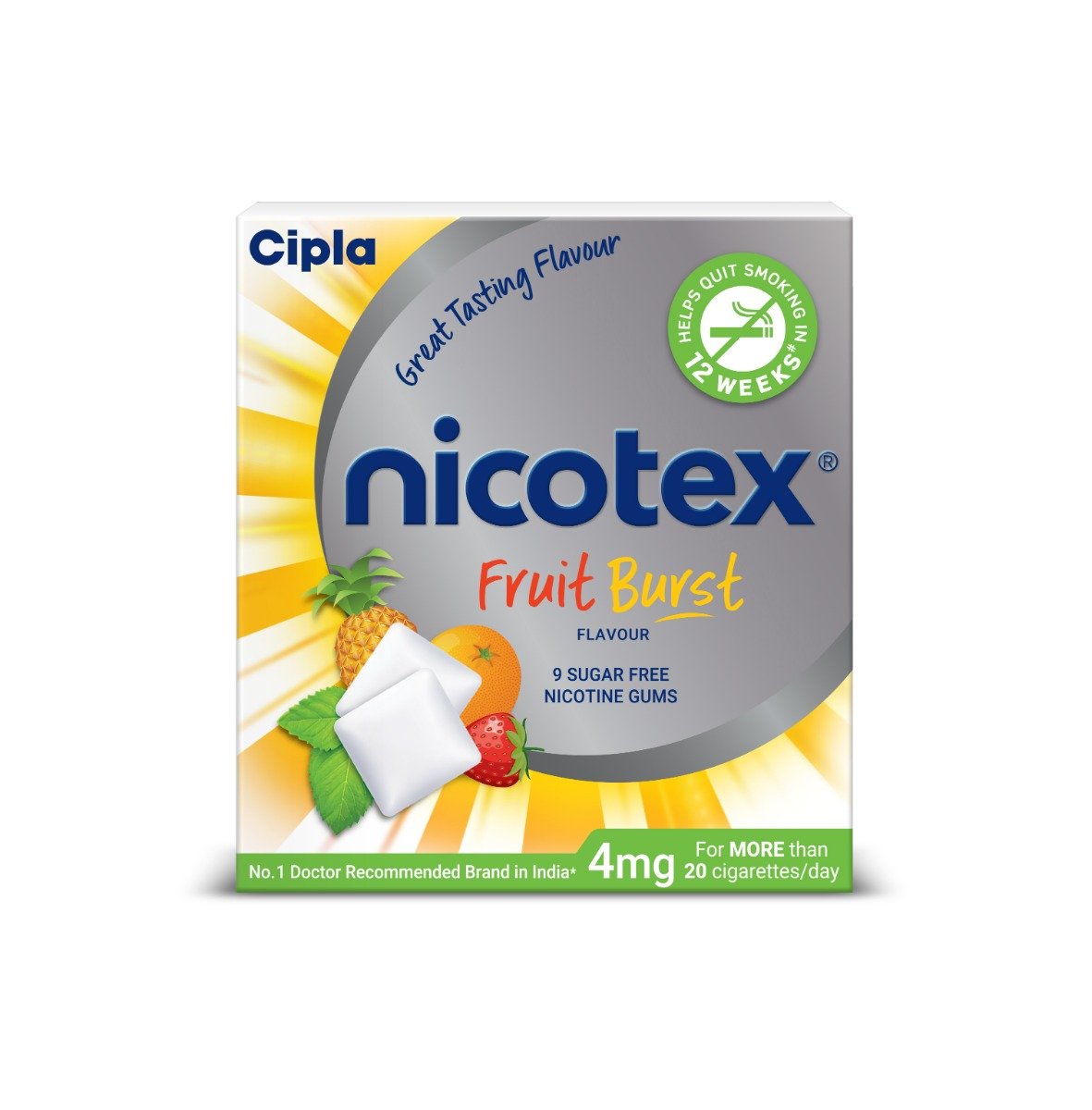 Nicotex 4 mg Sugar Free Fruit Burst Gums 9's, Pack of 1 Chewing Gum Nicotex 4 mg Sugar Free Fruit Burst Gums 9's, Pack of 1 Chewing Gum