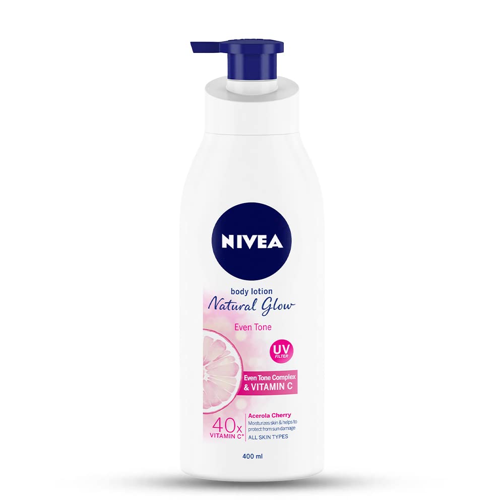 Nivea Natural Glow Even Tone Moisturising Body Lotion 400 ml | With Camu Camu & Acerola Cherry | 40 X Vitamin C | Moisturises Skin | With Uv Filters For UV Protection | For All Skin Types, Pack of 1 Nivea Natural Glow Even Tone Moisturising Body Lotion 400 ml | With Camu Camu & Acerola Cherry | 40 X Vitamin C | Moisturises Skin | With Uv Filters For UV Protection | For All Skin Types, Pack of 1