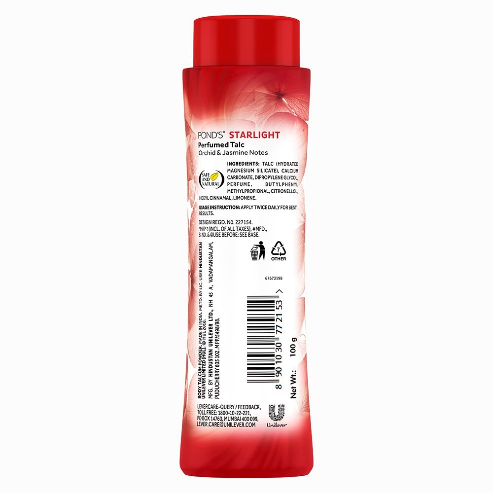 Pond's Starlight Talcum Powder 100 gm | With Orchid & Jasmin Notes | Reduces Sweat | Fights Body Odour With Orchid & Jasmin Fragrance | For Both Men & Women, Pack of 1 Pond's Starlight Talcum Powder 100 gm | With Orchid & Jasmin Notes | Reduces Sweat | Fights Body Odour With Orchid & Jasmin Fragrance | For Both Men & Women, Pack of 1