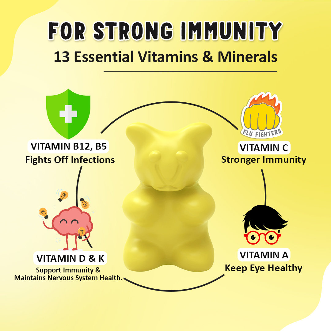 Power Gummies Junior Multivitamins & Immunity Booster Health Supplement for Kids from 4 to15 Years, Tasty Mango Flavour - with Vitamin A, B, C, D, & K, 30 Gummies, Pack of 1 Power Gummies Junior Multivitamins & Immunity Booster Health Supplement for Kids from 4 to15 Years, Tasty Mango Flavour - with Vitamin A, B, C, D, & K, 30 Gummies, Pack of 1