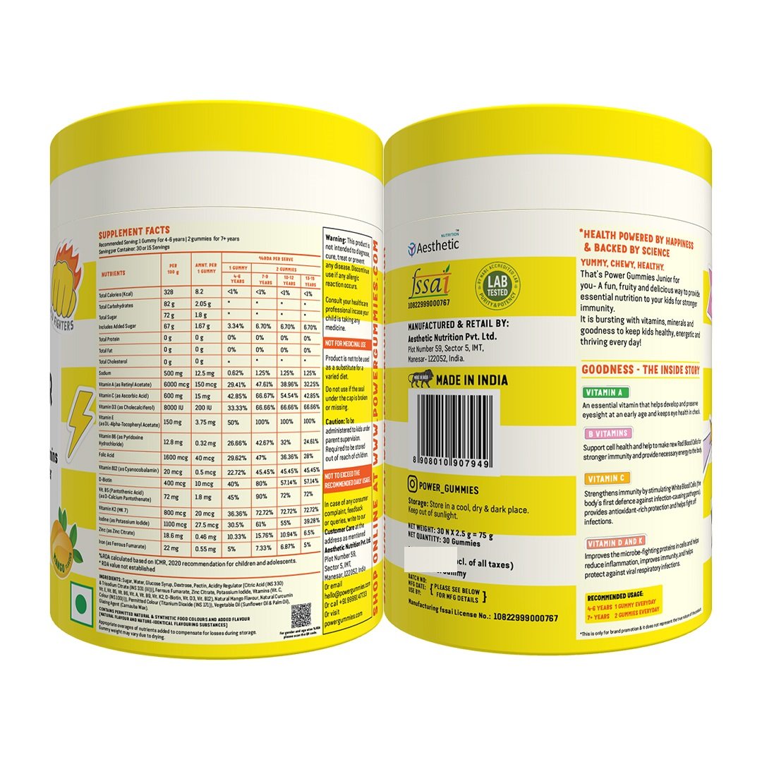 Power Gummies Junior Multivitamins & Immunity Booster Health Supplement for Kids from 4 to15 Years, Tasty Mango Flavour - with Vitamin A, B, C, D, & K, 30 Gummies, Pack of 1 Power Gummies Junior Multivitamins & Immunity Booster Health Supplement for Kids from 4 to15 Years, Tasty Mango Flavour - with Vitamin A, B, C, D, & K, 30 Gummies, Pack of 1