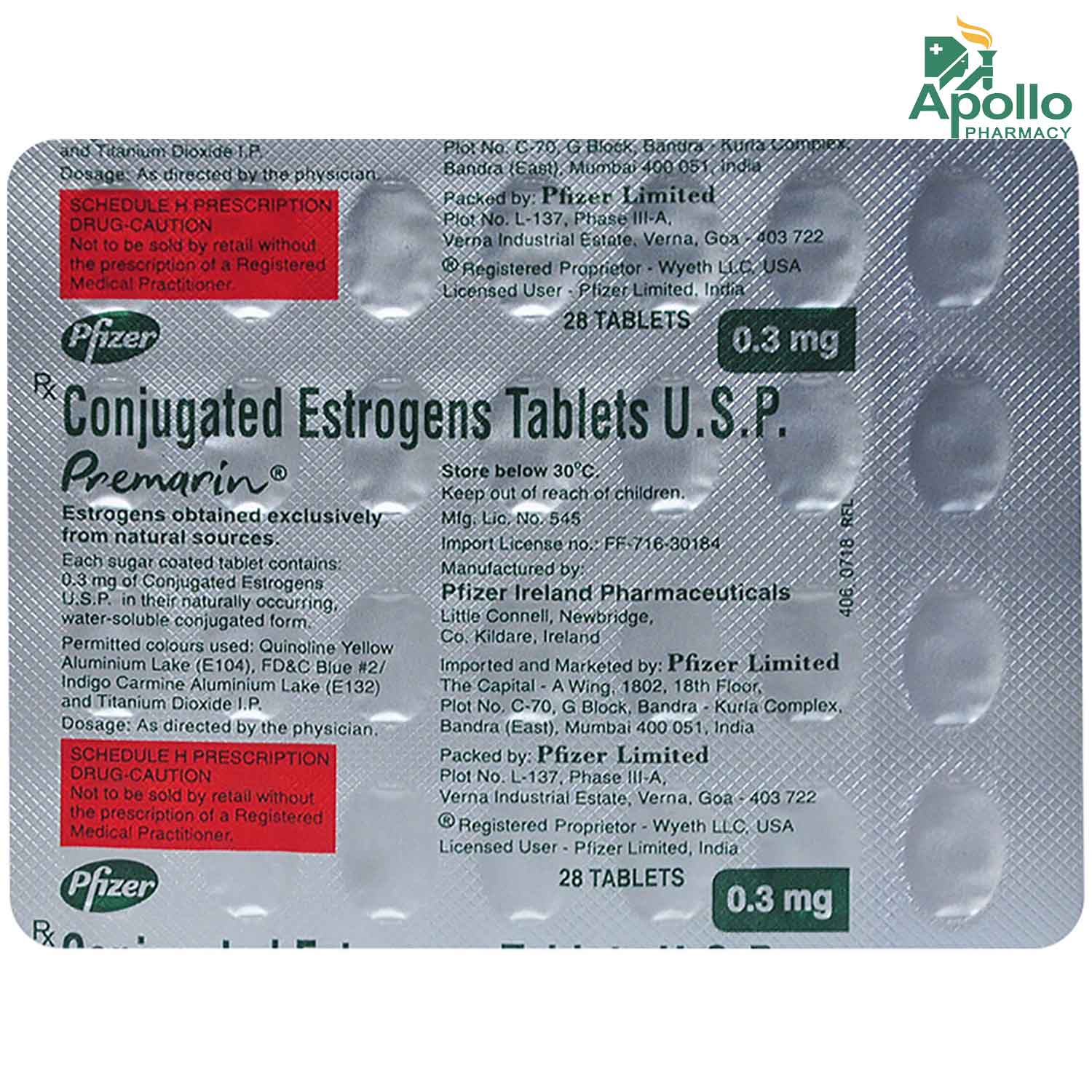 Premarin 0.3 mg Tablet 28's, Pack of 28 TABLETS Premarin 0.3 mg Tablet 28's, Pack of 28 TABLETS