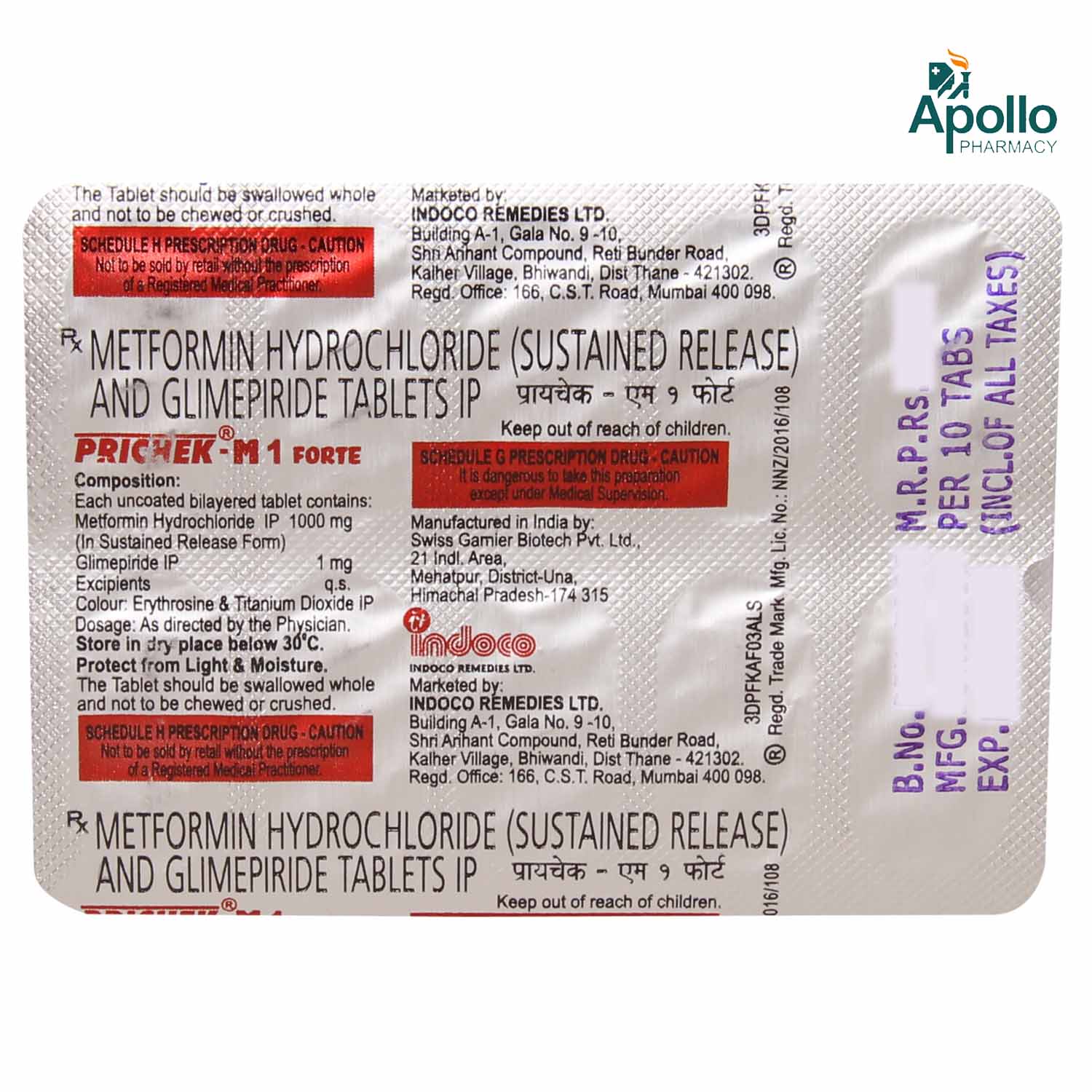 PRICHEK M 1MG FORTE TABLET, Pack of 10 TABLETS PRICHEK M 1MG FORTE TABLET, Pack of 10 TABLETS